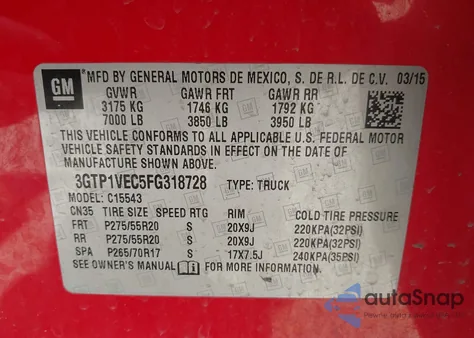 2015 GMC Sierra 1500 Slt from USA, damaged, VIN 3GTP1VEC5FG318728
